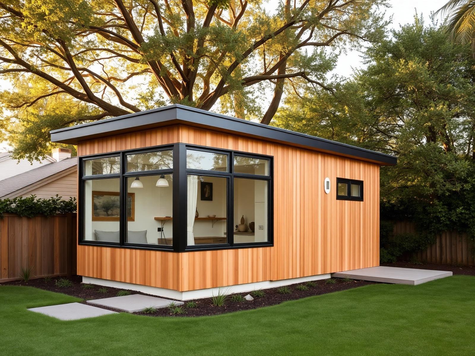 Modern backyard ADU with wood siding and large windows